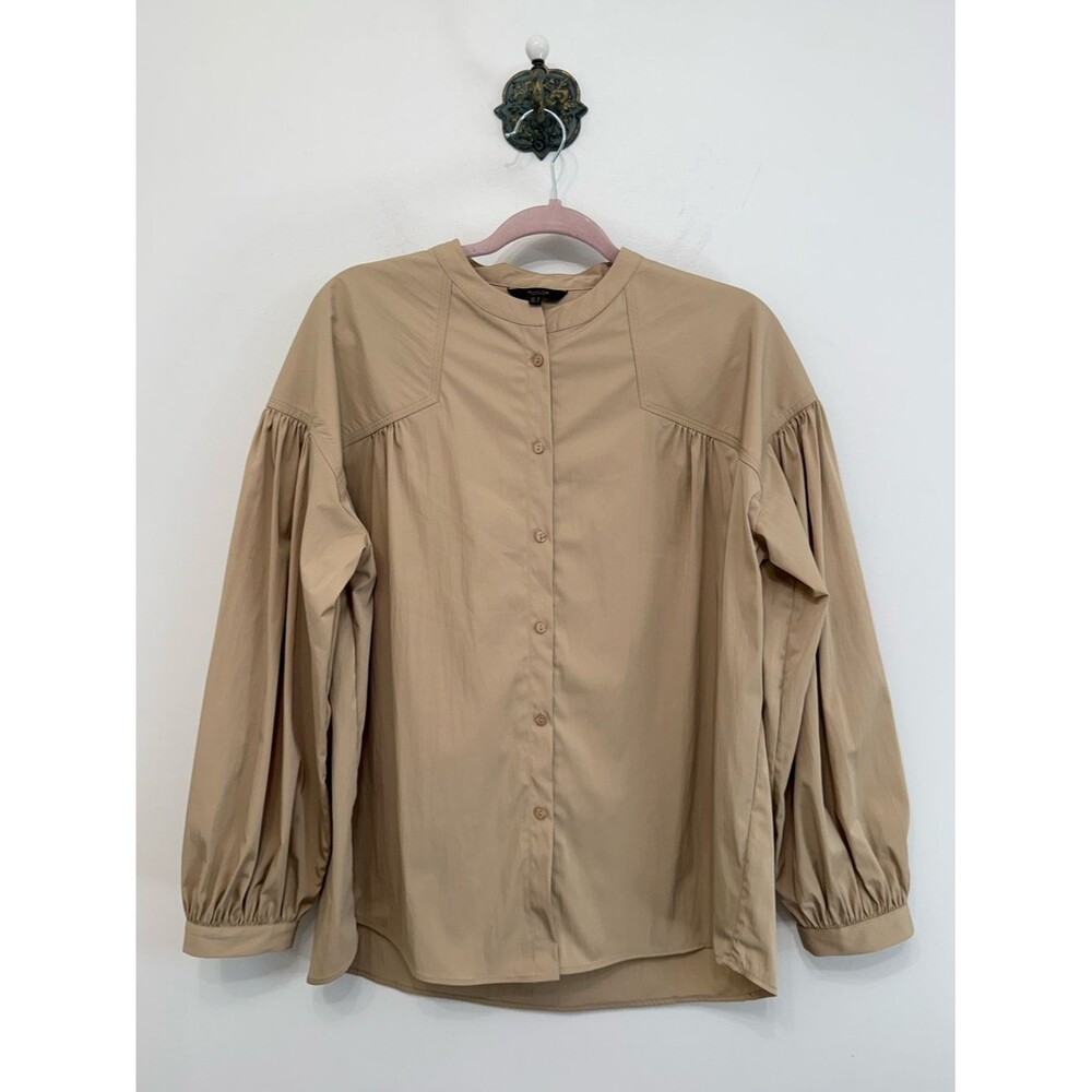 Massimo Dutti Beige Button Down Top Oversized Drop Shoulder Lantern Sleeve Small